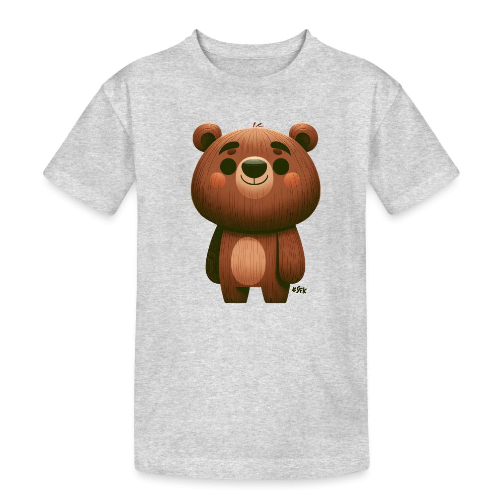 Onlineshop Shirts für Kinder - Das Bild zeigt ein graues T-Shirt mit einem niedlichen, cartoonartigen Bärenmotiv. Der Bär hat ein freundliches Gesicht, große Augen und einen runden Körper, der in verschiedenen Brauntönen gehalten ist. Die Illustration ist einfach und ansprechend, ideal für Kinder. Das T-Shirt selbst hat kurze Ärmel und einen klassischen Rundhalsausschnitt.