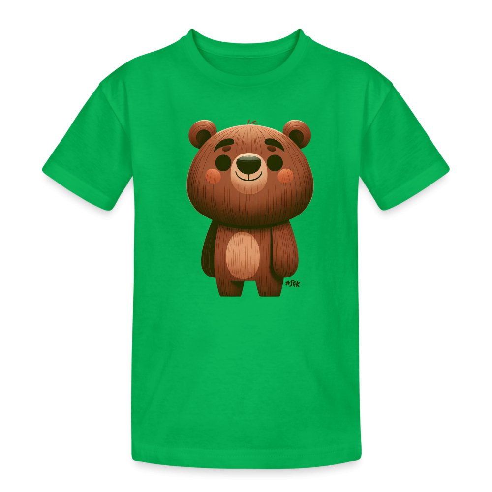 Onlineshop Shirts für Kinder - Das Bild zeigt ein leuchtend grünes T-Shirt mit einem niedlichen, cartoonhaften Bärenmotiv auf der Vorderseite. Der Bär hat eine runde Form mit großen, freundlichen Augen und einem breiten Lächeln. Er ist in verschiedenen Brauntönen gehalten, die den Eindruck von Fell erwecken, und zeigt eine verspielte und einladende Ausstrahlung. Dieses Design ist ideal für Kinder, die bunte und fröhliche Kleidung mögen.