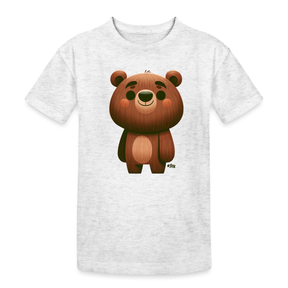 Onlineshop Shirts für Kinder - Das Bild zeigt ein hellgraues T-Shirt mit einem süßen, cartoonhaften Bärenmotiv in der Mitte. Der Bär hat einen runden Kopf, große Augen und einen breiten, freundlichen Ausdruck. Sein Fell hat eine warme, braune Farbe, die durch schattierte Details an Lebendigkeit gewinnt. Dieser verspielte Designstil spricht vor allem Kinder an.