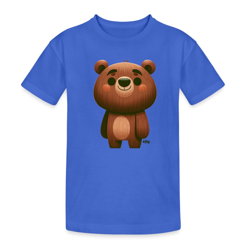 Onlineshop Shirts für Kinder - Das Bild zeigt ein Kinder-T-Shirt in kräftigem Blau. Auf der Vorderseite des Shirts ist ein niedlicher, cartoonartiger Bär abgebildet, der einen runden Körper, große Augen und ein freundliches Gesicht hat. Das Design hat eine Mischung aus braunen und beigen Tönen, die dem Bären ein gemütliches Aussehen verleihen. Die kurzen Ärmel des T-Shirts und der lockere Schnitt machen es ideal für Kinder, um sich wohlzufühlen.
