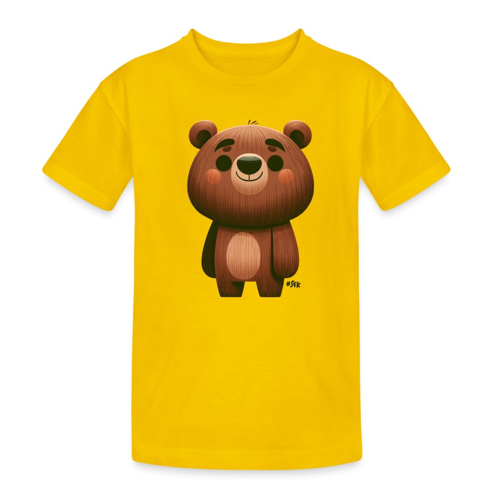 Onlineshop Shirts für Kinder - Das T-Shirt ist in einem kräftigen Gelbton gehalten und zeigt ein stilisiertes Bärenmotiv auf der Vorderseite. Der Bär hat ein liebenswertes, cartoonhaftes Design mit großen, runden Augen und einem freundlichen Gesichtsausdruck. Die Verwendung von braunen und beige Tönen für den Bären-Kontrastiert schön mit dem gelben Hintergrund. Die Kurzarmform des T-Shirts macht es ideal für Kinder, die es bequem und farbenfroh mögen.