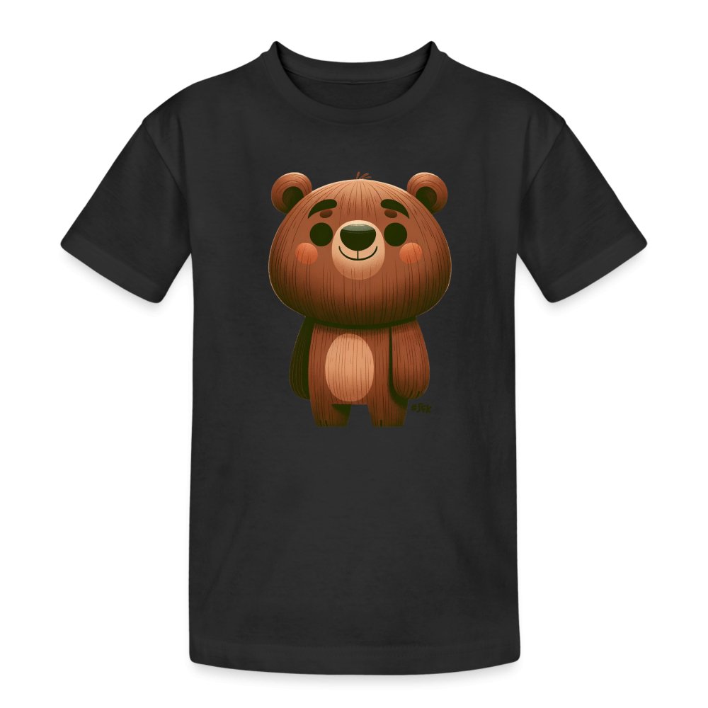 Onlineshop Shirts für Kinder - Das Bild zeigt ein schwarzes T-Shirt mit einem niedlichen, cartoonhaften Bären-Design auf der Vorderseite. Der Bär hat eine runde Form, große, freundliche Augen und ein breites Lächeln, was ihm ein charmantes Aussehen verleiht. Die Farben des Bären reichen von hellbraun bis dunkelbraun, mit feinen Linien, die die Fellstruktur darstellen. Das T-Shirt hat kurze Ärmel und einen klassischen Schnitt, der für Kinder geeignet ist.