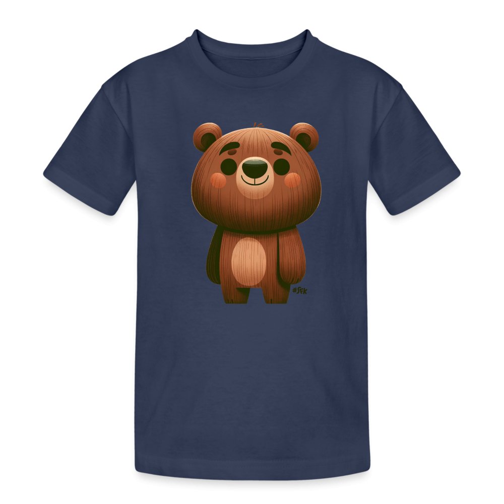 Onlineshop Shirts für Kinder - Das Bild zeigt ein modernes T-Shirt in marineblauer Farbe. Auf der Vorderseite des Shirts ist ein niedlicher, cartoonartiger Bär abgebildet. Der Bär hat runde Gesichtszüge, große Augen und ein freundliches Lächeln. Die grafische Darstellung des Tieres ist lebhaft und ansprechend, ideal für Kinder.