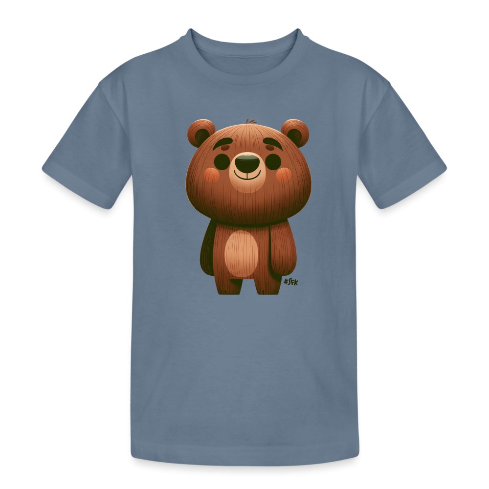 Onlineshop Shirts für Kinder - Das T-Shirt zeigt ein niedliches, cartoonhaftes Bärenmotiv auf der Vorderseite. Der Bär hat einen runden Kopf, große Augen und einen freundlichen Gesichtsausdruck. Die Farbgebung ist in Braun- und Beigetönen gehalten, was dem Design einen warmen und einladenden Charakter verleiht. Das Shirt ist in einem blauen Farbton, der gut mit dem Bärenmotiv harmoniert.