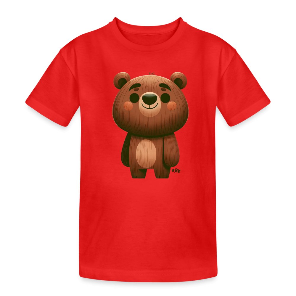 Onlineshop Shirts für Kinder - Das Bild zeigt ein rotes Kindershirt mit einem großen, niedlichen Bärenmotiv in der Mitte. Der Bär hat eine runde Form mit einem freundlichen Gesicht und ist in verschiedenen Brauntönen gestaltet. Die Farben sind hell und ansprechend für Kinder, während das Design einfach und verspielte wirkt. Dieses T-Shirt könnte eine beliebte Wahl für junge Kinder sein, die Tiere mögen.