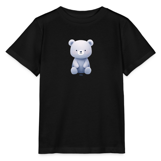Onlineshop Shirts für Kinder - Das Bild zeigt ein schwarzes T-Shirt mit einem niedlichen, cartoonhaften Bärenmotiv auf der Vorderseite. Der Bär hat eine sanfte, hellblaue Farbgebung und sitzt aufrecht mit einem freundlichen Gesichtsausdruck. Die Gestaltung des Bären ist schlicht, aber ansprechend, was es ideal für Kinder macht. Das T-Shirt hat kurze Ärmel und einen klassischen Schnitt.