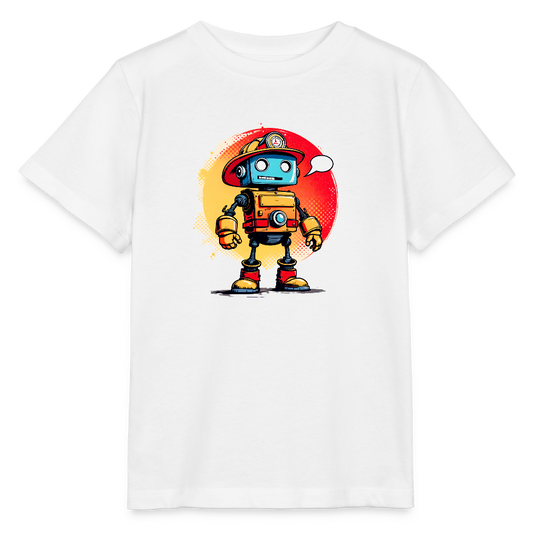 Onlineshop Shirts für Kinder - Das Bild zeigt ein T-Shirt in Weiß mit einem bunten Druck eines Roboter-Charakters. Der Roboter hat einen blauen Kopf, orangefarbene Kleidung und trägt eine Feuerwehrhelm. Im Hintergrund ist ein runder Farbverlauf in Gelb und Rot zu erkennen, der den Roboter hervorhebt. Der Roboter hat eine Sprechblase, was ihm eine verspielte und freundliche Ausstrahlung verleiht.