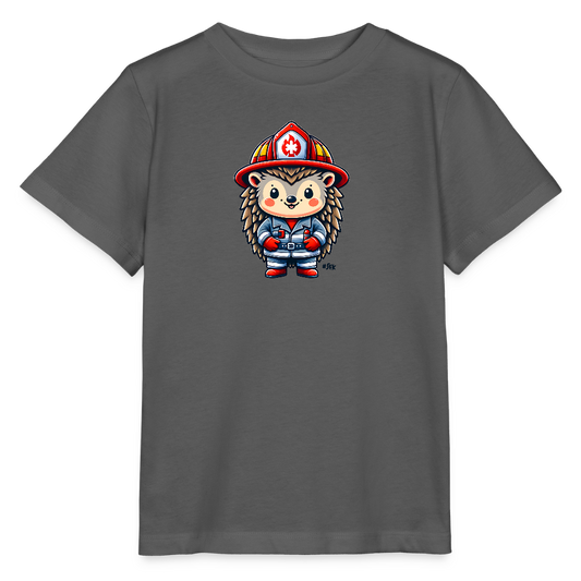 Onlineshop Shirts für Kinder - Das Bild zeigt ein graues T-Shirt mit einem süßen, cartoonhaften Igel, der in Feuerwehruniform gekleidet ist. Der Igel trägt einen roten Feuerwehrhelm mit einem weißen Kreuz und hat eine fröhliche Gesichtsausdruck. Seine Uniform ist blau mit roten Handschuhen und Stiefeln, was das Design lebhaft und ansprechend macht. Die Gesamtgestaltung ist verspielt und für Kinder ideal geeignet.