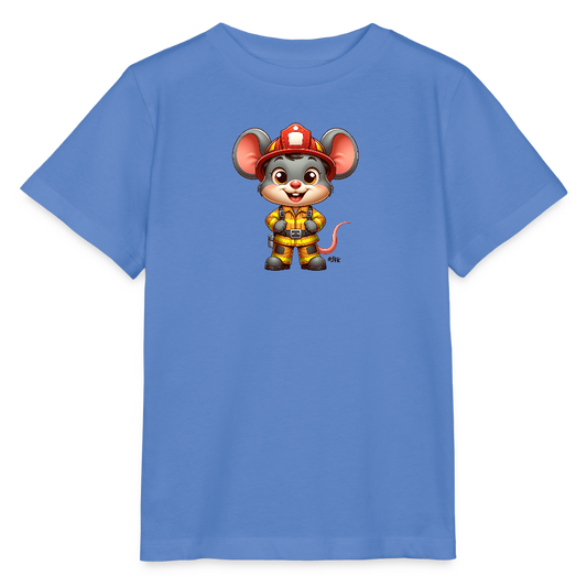 Onlineshop Shirts für Kinder - Das Bild zeigt ein hellblaues T-Shirt mit einem Cartoon-Motiv auf der Vorderseite. Abgebildet ist eine süße Maus, die als Feuerwehrmann verkleidet ist. Sie trägt einen gelben Feuerwehranzug und einen roten Helm, während sie stolz lächelt und ihre Hände in die Hüften stemmt. Der Hintergrund ist schlicht, wodurch das Motiv gut zur Geltung kommt.
