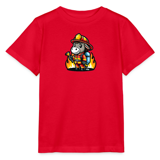 Onlineshop Shirts für Kinder - Das Bild zeigt ein rotes Kinder-T-Shirt, auf dem ein Comic-Esel als Feuerwehrmann abgebildet ist. Der Esel trägt eine vollständige Feuerwehrausrüstung, einschließlich Helm, Uniform und Sauerstoffflasche. Er hält einen Feuerwehrschlauch in der Hand und steht vor einem Hintergrund aus Flammen. Das T-Shirt ist in einem einfachen Stil gehalten und eignet sich für Kinder, die Feuerwehrleute und Tiere mögen. Das Motiv ist mittig auf der Vorderseite des T-Shirts platziert.