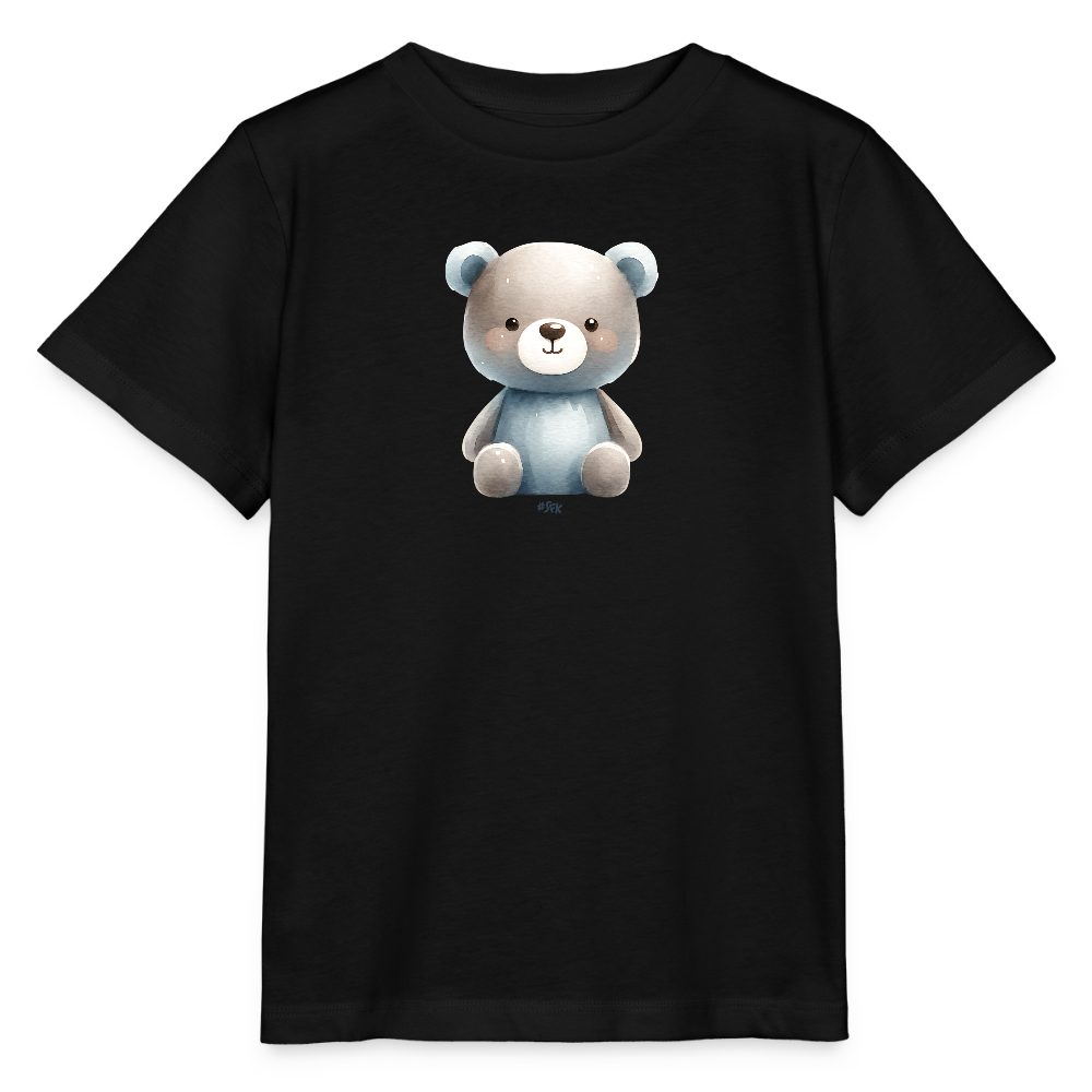 Onlineshop Shirts für Kinder - Das Bild zeigt ein schwarzes T-Shirt, auf dem ein niedliches Bärenmotiv abgebildet ist. Der Bär hat eine sanfte Farbgebung in Grau und Blau, mit runden Ohren und einem freundlichen Gesichtsausdruck. Das Design ist einfach, aber ansprechend und richtet sich an Kinder. Das T-Shirt wirkt bequem und lässig, ideal für den Alltag.
