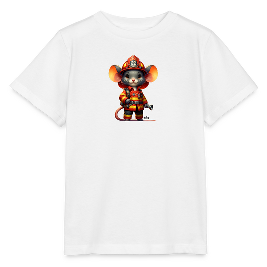 Onlineshop Shirts für Kinder - Auf dem Bild ist ein T-Shirt abgebildet, das weiß ist und einen bunten Druck zeigt. Der Druck stellt eine niedliche Maus dar, die im Feuerwehranzug gekleidet ist. Die Maus trägt einen Helm und hält einen Wasserstrahl, was auf ihre Rolle als Feuerwehrmaus hinweist. Diese Gestaltung zielt darauf ab, Kinder auf spielerische Weise für das Feuerwehrthema zu begeistern.