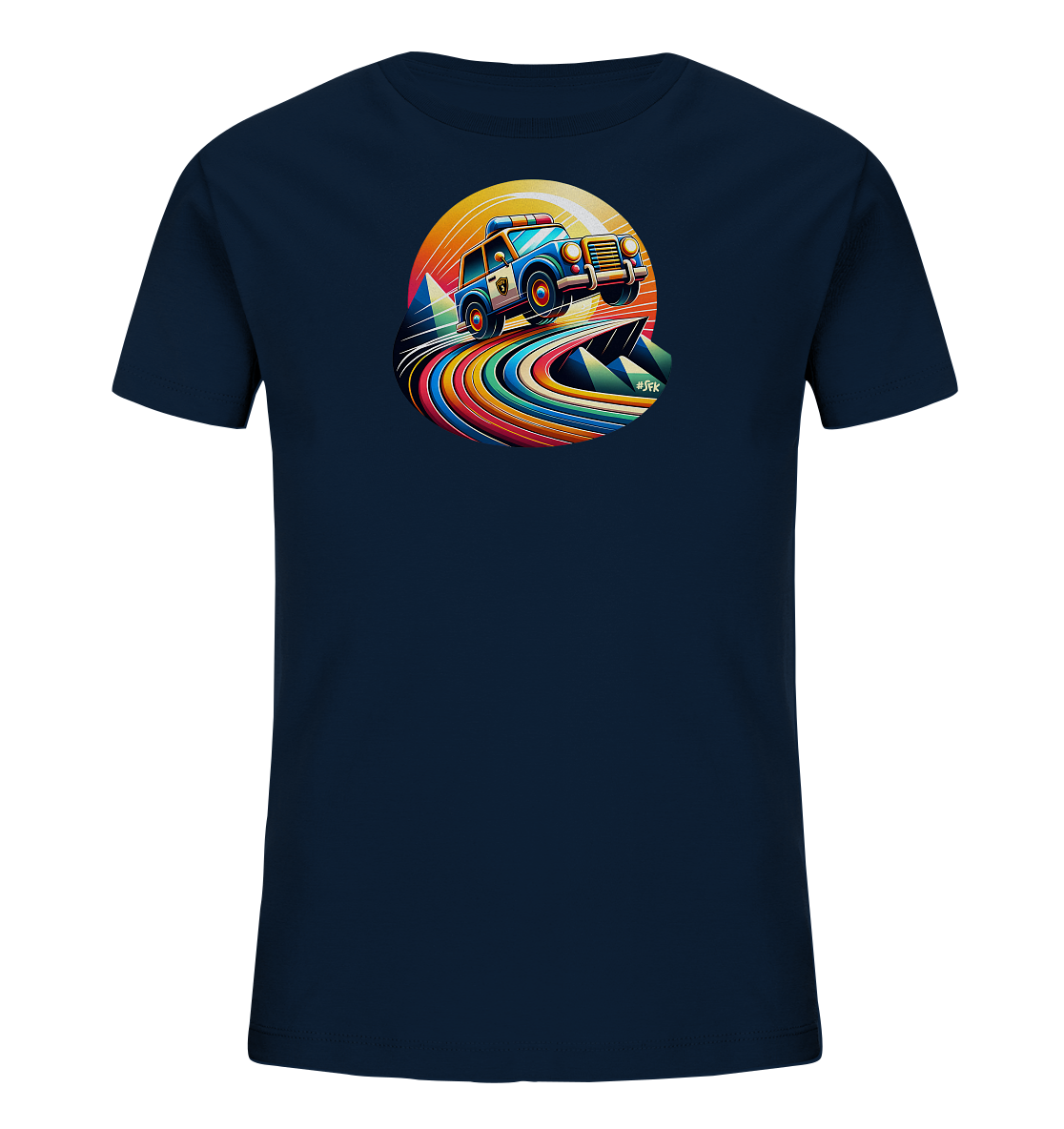 Kinder T-Shirt mit ein springendes Polizeiauto auf einer bunten, geschwungenen Straße