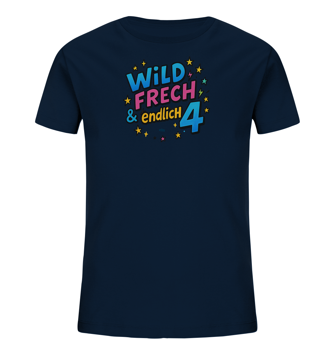 Onlineshop Shirts fuer Kinder - Dieses dunkelblaue Kinder-T-Shirt zeigt eine lebendige Grafik zum 4. Geburtstag. Der Aufdruck kombiniert die Worte "WILD", "FRECH" und "& endlich" mit einer grossen, farbigen "4". Sterne und Blitzelemente umgeben das Design und verleihen ihm eine dynamische Optik. Die bunten Schriftfarben stechen auf dem dunklen Stoff hervor.