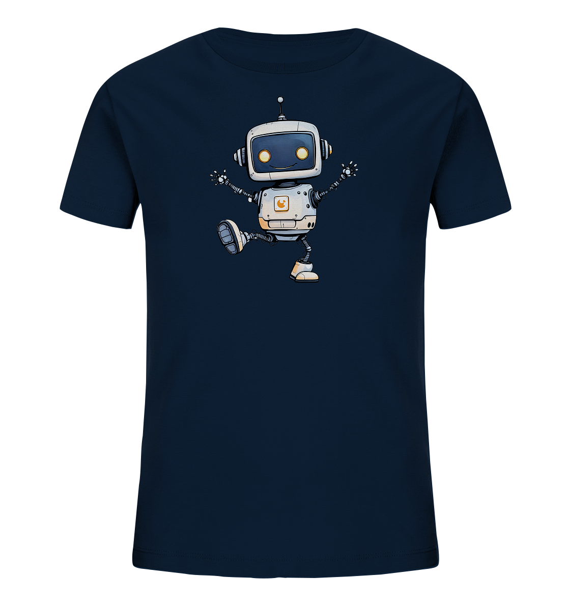 Onlineshop Shirts für Kinder - Das Bild zeigt ein dunkelblaues Kinder-T-Shirt. Auf der Vorderseite ist ein freundlicher, cartoonhafter Roboter in weiß und grau abgebildet. Der Roboter hat leuchtende gelbe Augen und scheint in einer dynamischen Pose zu tanzen oder zu springen, mit ausgebreiteten Armen und einem gehobenen Bein. Ein kleines orangefarbenes Logo befindet sich auf seiner Brust, was dem Design einen verspielten und technologischen Touch verleiht.