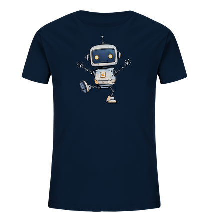 Onlineshop Shirts für Kinder - Das Bild zeigt ein dunkelblaues Kinder-T-Shirt. Auf der Vorderseite ist ein freundlicher, cartoonhafter Roboter in weiß und grau abgebildet. Der Roboter hat leuchtende gelbe Augen und scheint in einer dynamischen Pose zu tanzen oder zu springen, mit ausgebreiteten Armen und einem gehobenen Bein. Ein kleines orangefarbenes Logo befindet sich auf seiner Brust, was dem Design einen verspielten und technologischen Touch verleiht.