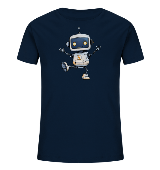 Onlineshop Shirts für Kinder - Das Bild zeigt ein dunkelblaues Kinder-T-Shirt. Auf der Vorderseite ist ein freundlicher, cartoonhafter Roboter in weiß und grau abgebildet. Der Roboter hat leuchtende gelbe Augen und scheint in einer dynamischen Pose zu tanzen oder zu springen, mit ausgebreiteten Armen und einem gehobenen Bein. Ein kleines orangefarbenes Logo befindet sich auf seiner Brust, was dem Design einen verspielten und technologischen Touch verleiht.
