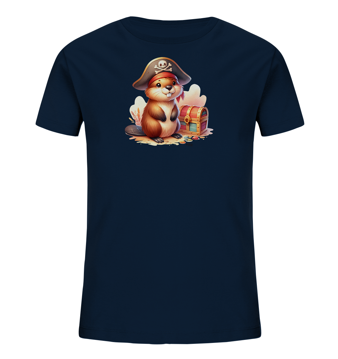 Onlineshop Shirts fuer Kinder - Das Bild zeigt ein dunkelblaues T-Shirt fuer Kinder. Auf der Vorderseite befindet sich ein detaillierter und farbenfroher Druck eines niedlichen Bibers, der einen Piratenhut traegt. Der Biber sitzt neben einer kleinen Schatztruhe, umgeben von Strandelementen und Pflanzen. Das Design wirkt verspielt und abenteuerlich, ideal fuer kleine Entdecker.