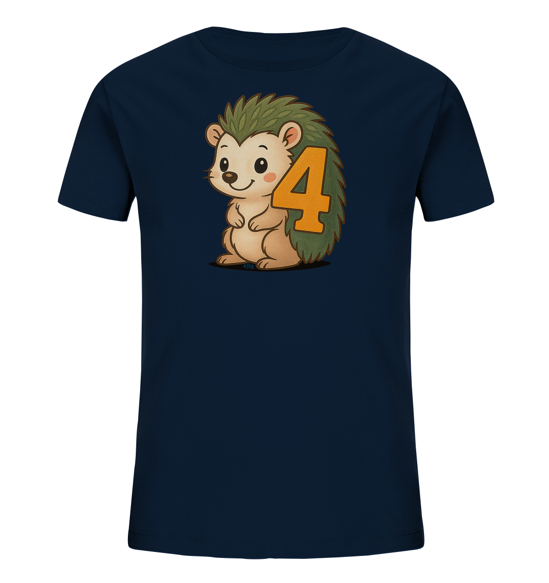 Onlineshop Shirts fuer Kinder - Dieses dunkelblaue Kinder T-Shirt zeigt eine niedliche Illustration eines freundlichen Igels. Der Igel haelt die orangefarbene Zahl 4 vor seinem Koerper. Das Design ist im Cartoon-Stil gehalten und wirkt froehlich und kindgerecht. Ein schoenes Motiv fuer kleine Naturfreunde oder zum vierten Geburtstag.