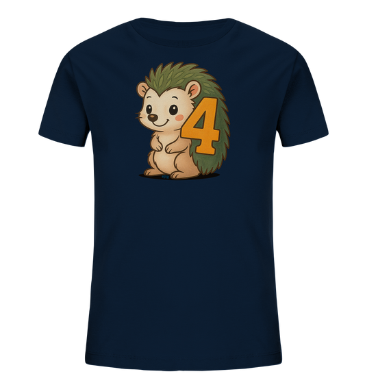 Onlineshop Shirts fuer Kinder - Dieses dunkelblaue Kinder T-Shirt zeigt eine niedliche Illustration eines freundlichen Igels. Der Igel haelt die orangefarbene Zahl 4 vor seinem Koerper. Das Design ist im Cartoon-Stil gehalten und wirkt froehlich und kindgerecht. Ein schoenes Motiv fuer kleine Naturfreunde oder zum vierten Geburtstag.