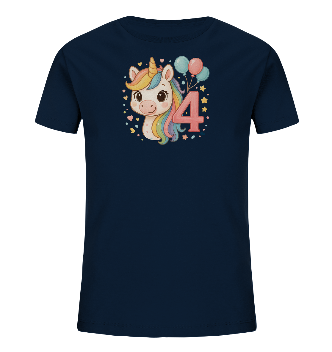 Onlineshop Shirts fuer Kinder - Dieses dunkelblaue T-Shirt fuer Kinder zeigt eine suesse Einhorn-Illustration. Neben dem Einhornkopf mit bunter Maehne steht die grosse Zahl 4, begleitet von Luftballons, Herzen und Sternen. Das detailreiche Design ist farbenfroh und ansprechend gestaltet.