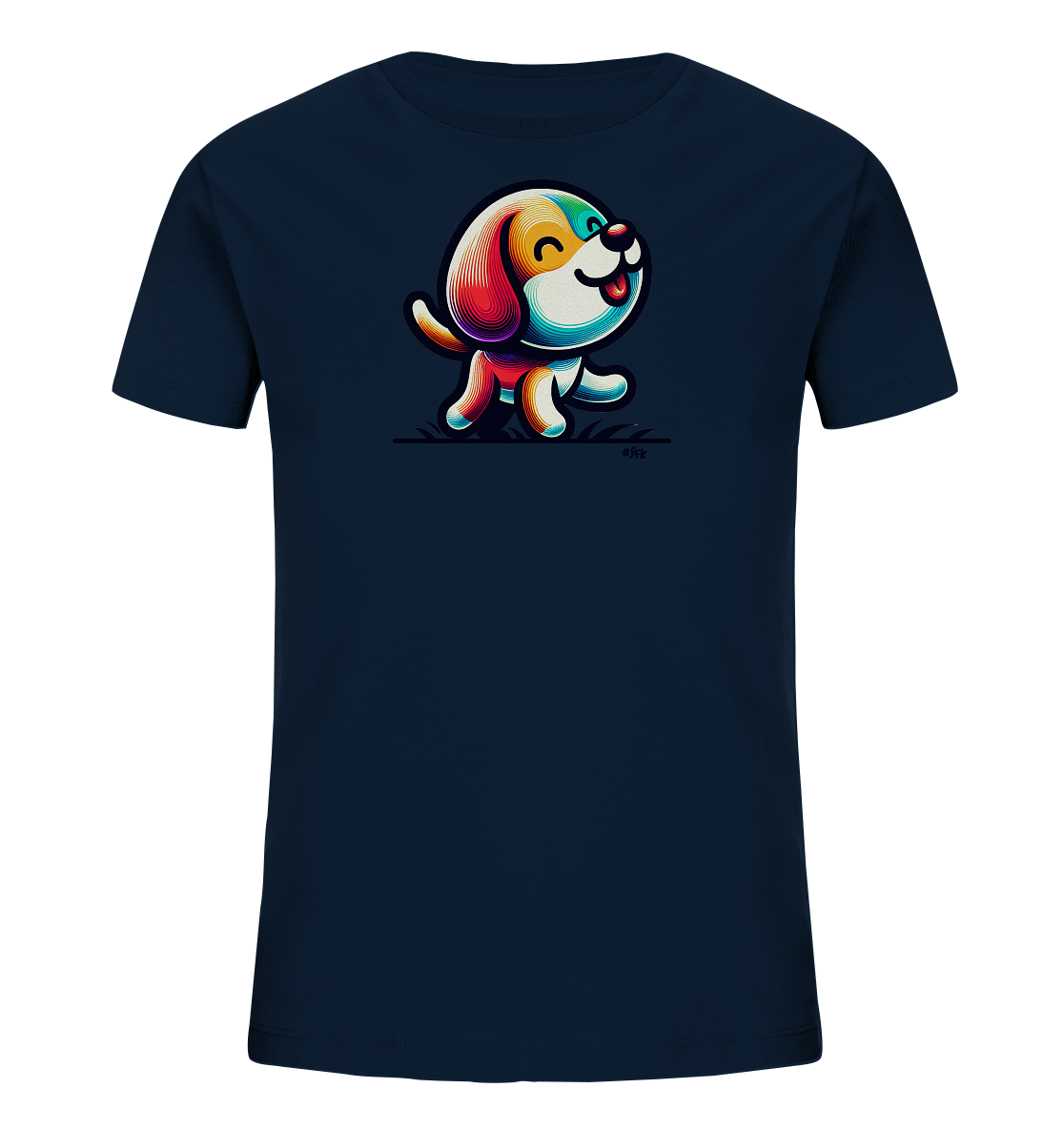 Onlineshop Shirts fuer Kinder - Das Bild zeigt ein dunkelblaues Kinder-T-Shirt mit einer bunten Illustration auf der Vorderseite. Darauf ist ein stilisiert dargestellter Hund zu sehen, der froehlich laeuft. Das Design verwendet leuchtende, mehrfarbige Linien und hat einen verspielten Charakter. Der Hund hat grosse Ohren und einen freundlichen Ausdruck.