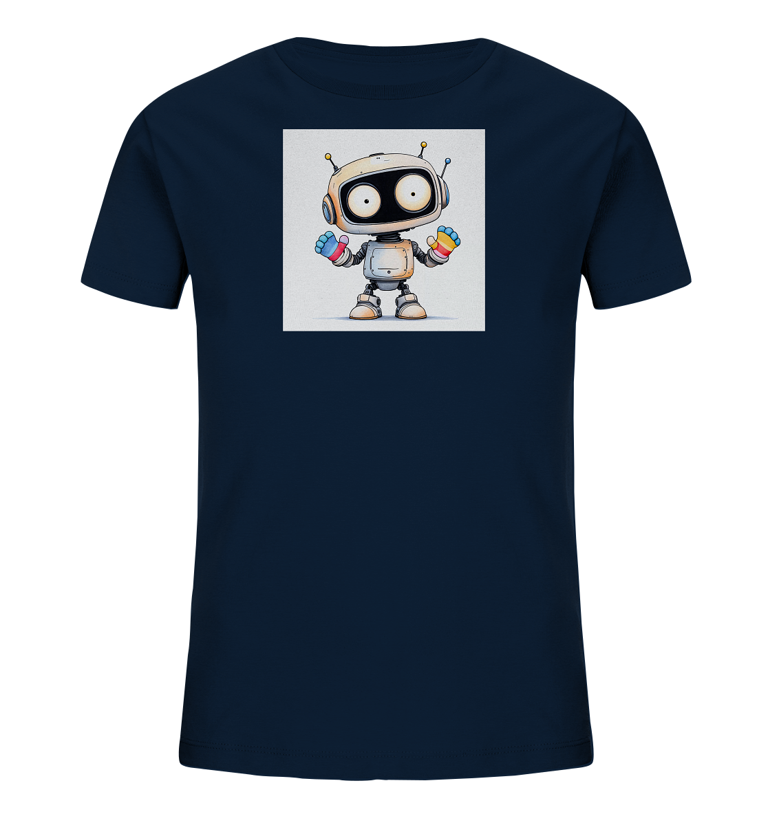 Onlineshop Shirts für Kinder - Das Bild zeigt ein dunkelblaues T-Shirt mit einem quadratischen Druck auf der Vorderseite. Der Druck zeigt einen cartoonhaften, weißen Roboter mit großen, runden Augen und Antennen. Der Roboter hat bunte Hände, die in Regenbogenfarben gestaltet sind. Er steht aufrecht und blickt nach vorne, was dem Design einen freundlichen Charakter verleiht.