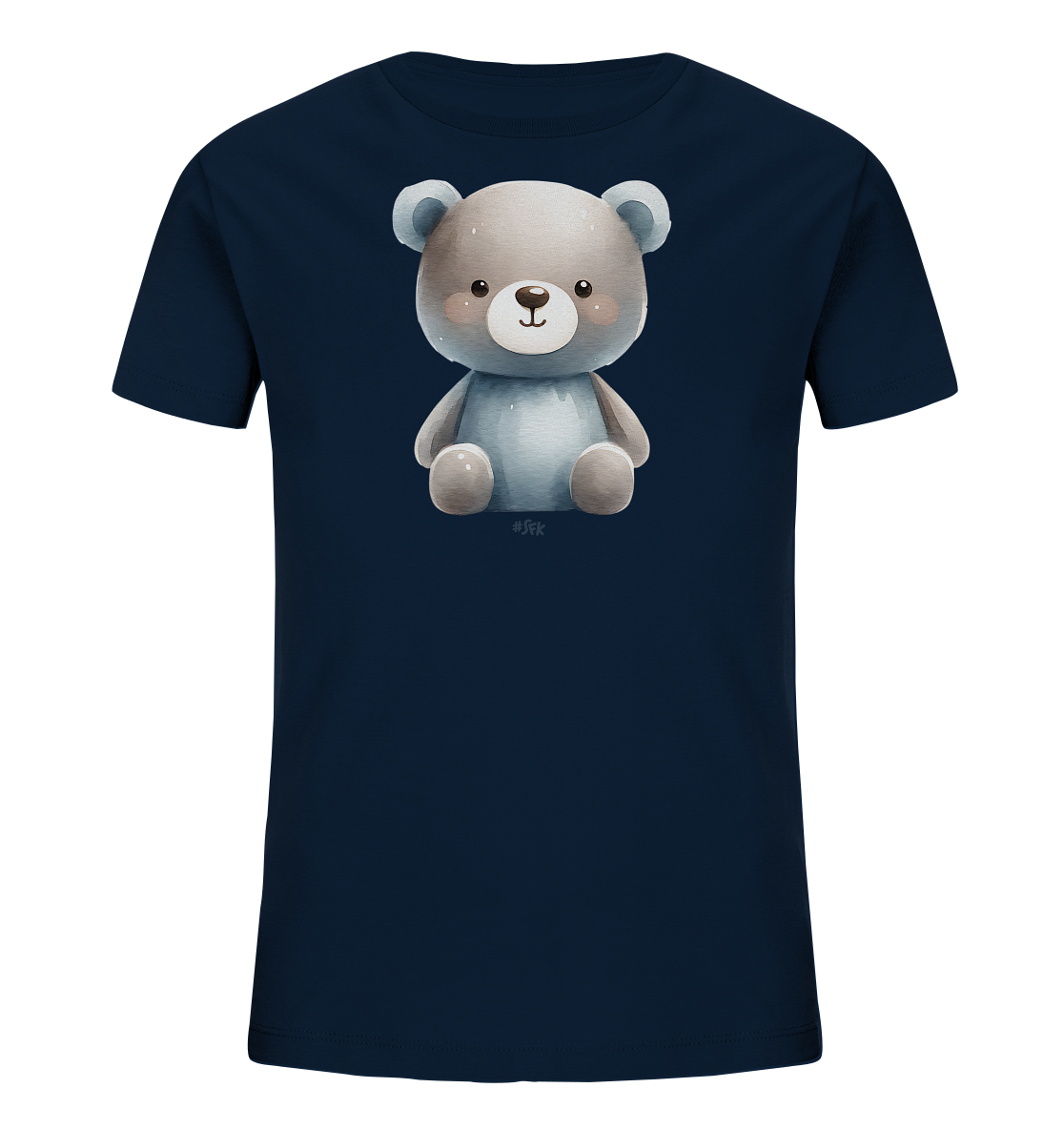 Onlineshop Shirts fuer Kinder - Das Bild zeigt ein dunkelblaues T-Shirt fuer Kinder mit einem niedlichen Teddybaer-Motiv auf der Vorderseite. Der Teddybaer ist grau-blau gehalten und im sanften Aquarellstil gezeichnet. Er sitzt aufrecht und hat ein freundliches Gesicht mit grossen Augen und rosigen Wangen. Dieses Design verleiht dem Shirt einen liebevollen und verspielten Look.
