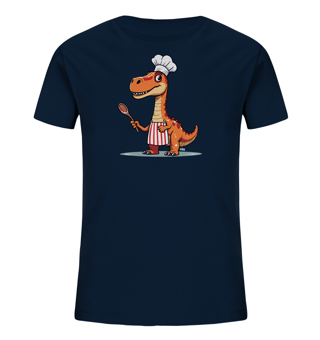 Onlineshop Shirts fuer Kinder - Das Bild zeigt ein dunkelblaues Kinder-T-Shirt. Auf der Vorderseite ist eine Illustration eines orangefarbenen Dinosauriers abgebildet, der eine Kochmuetze und eine rot-weiss gestreifte Schuerze traegt. Der Dinosaurier haelt eine Holzkelle in der Hand und steht laechelnd auf einer grauen Flaeche. Das Design wirkt verspielt und ist perfekt fuer kleine Dino-Fans.