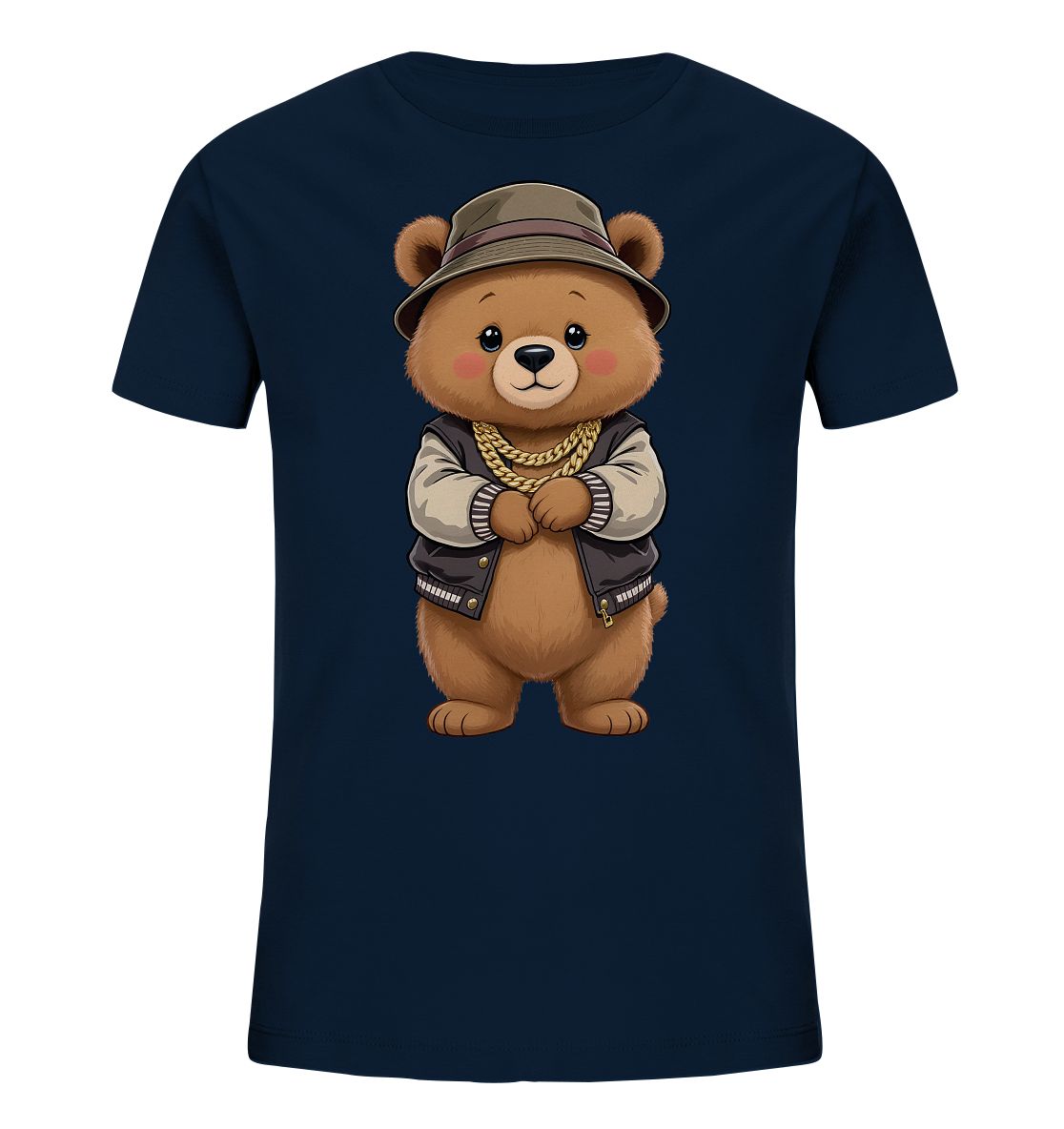 Onlineshop Shirts fuer Kinder - Das Bild zeigt ein dunkelblaues T-Shirt fuer Kinder. Auf der Vorderseite ist eine detailreiche Illustration eines Cartoon-Baeren zu sehen. Der Baer traegt einen Hut, eine Bomberjacke und eine goldene Kette, waehrend er die Arme verschraenkt hat. Das Motiv wirkt freundlich und verspielt.