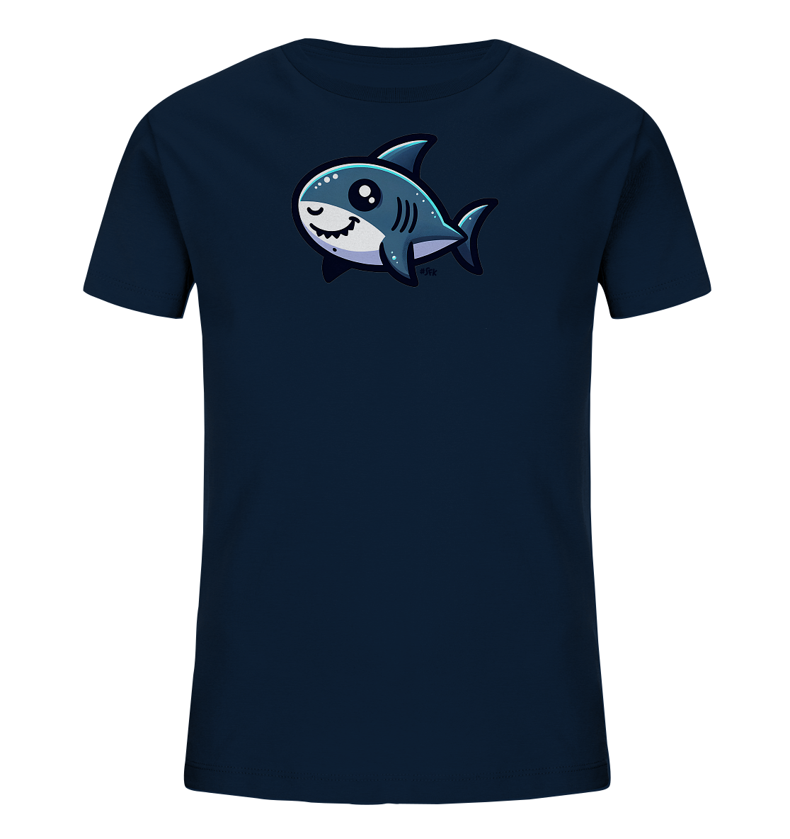 Onlineshop Shirts fuer Kinder - Das Bild zeigt ein dunkelblaues Kinder T-Shirt mit einer grossen, niedlichen Zeichentrickillustration eines Hais. Der Hai ist blau und weiss, laechelt mit grossen freundlichen Augen. Dieses froehliche Design ist zentral auf dem Shirt platziert.