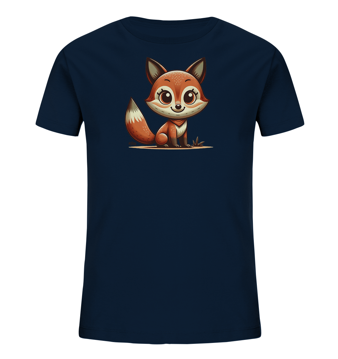Onlineshop Shirts fuer Kinder - Das Bild zeigt ein dunkelblaues Kinder-T-Shirt mit einem niedlichen Fuchs-Motiv auf der Vorderseite. Der cartoonhafte Fuchs ist orange und weiss, sitzt aufrecht und hat grosse, freundliche Augen. Sein buschiger Schwanz ist ebenfalls deutlich zu sehen. Das Design verleiht dem Shirt einen verspielten Charakter.