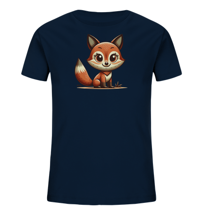 Onlineshop Shirts fuer Kinder - Das Bild zeigt ein dunkelblaues Kinder-T-Shirt mit einem niedlichen Fuchs-Motiv auf der Vorderseite. Der cartoonhafte Fuchs ist orange und weiss, sitzt aufrecht und hat grosse, freundliche Augen. Sein buschiger Schwanz ist ebenfalls deutlich zu sehen. Das Design verleiht dem Shirt einen verspielten Charakter.