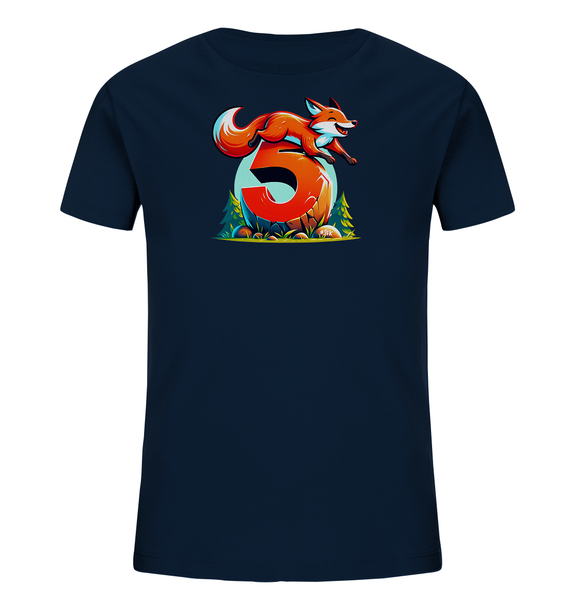 Onlineshop Shirts für Kinder - Das Bild zeigt ein dunkelblaues Kinder-T-Shirt mit einem farbenfrohen Motiv auf der Vorderseite. Ein springender oranger Fuchs ist über einer großen, orangefarbenen Zahl '5' abgebildet. Das Motiv ist von einer illustrierten Naturkulisse mit Bäumen, Steinen und Pflanzen umgeben. Das Design wirkt dynamisch und verspielt, ideal für Kinder.