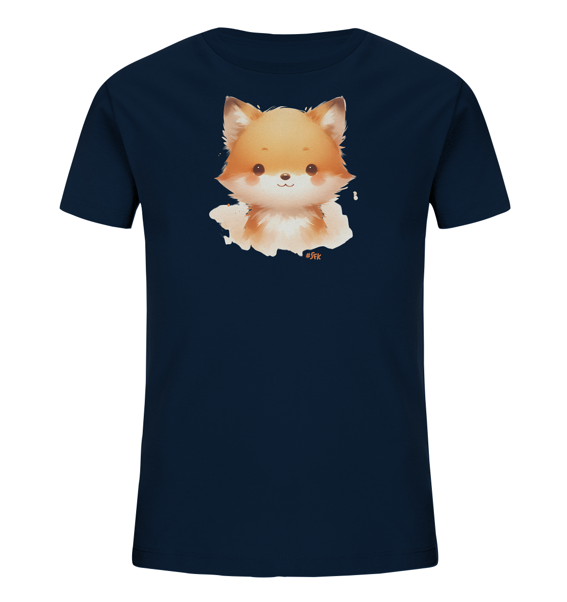 Onlineshop Shirts fuer Kinder - Das Bild zeigt ein dunkelblaues Kinder-T-Shirt. Auf der Vorderseite ist ein niedliches Fuchskopf-Motiv in einem weichen, gemalten Stil abgebildet. Der Fuchs hat grosse Augen und ein freundliches Gesicht, umgeben von hellen Pinselstrichen. Ein entzueckendes Design fuer Kinder.