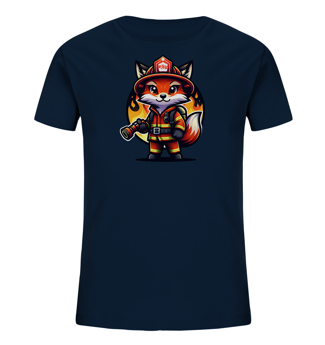 Onlineshop Shirts fuer Kinder - Das Bild zeigt ein dunkelblaues Kinder-T-Shirt mit einem aufregenden Motiv. Im Zentrum ist ein suesser Fuchs abgebildet, der eine rote Feuerwehrmann-Uniform mit Helm und Schlauchduese traegt. Hinter dem Fuchs befindet sich ein grafischer Kreis mit stilisierten Flammen. Das farbenfrohe Design ist ein Blickfang.