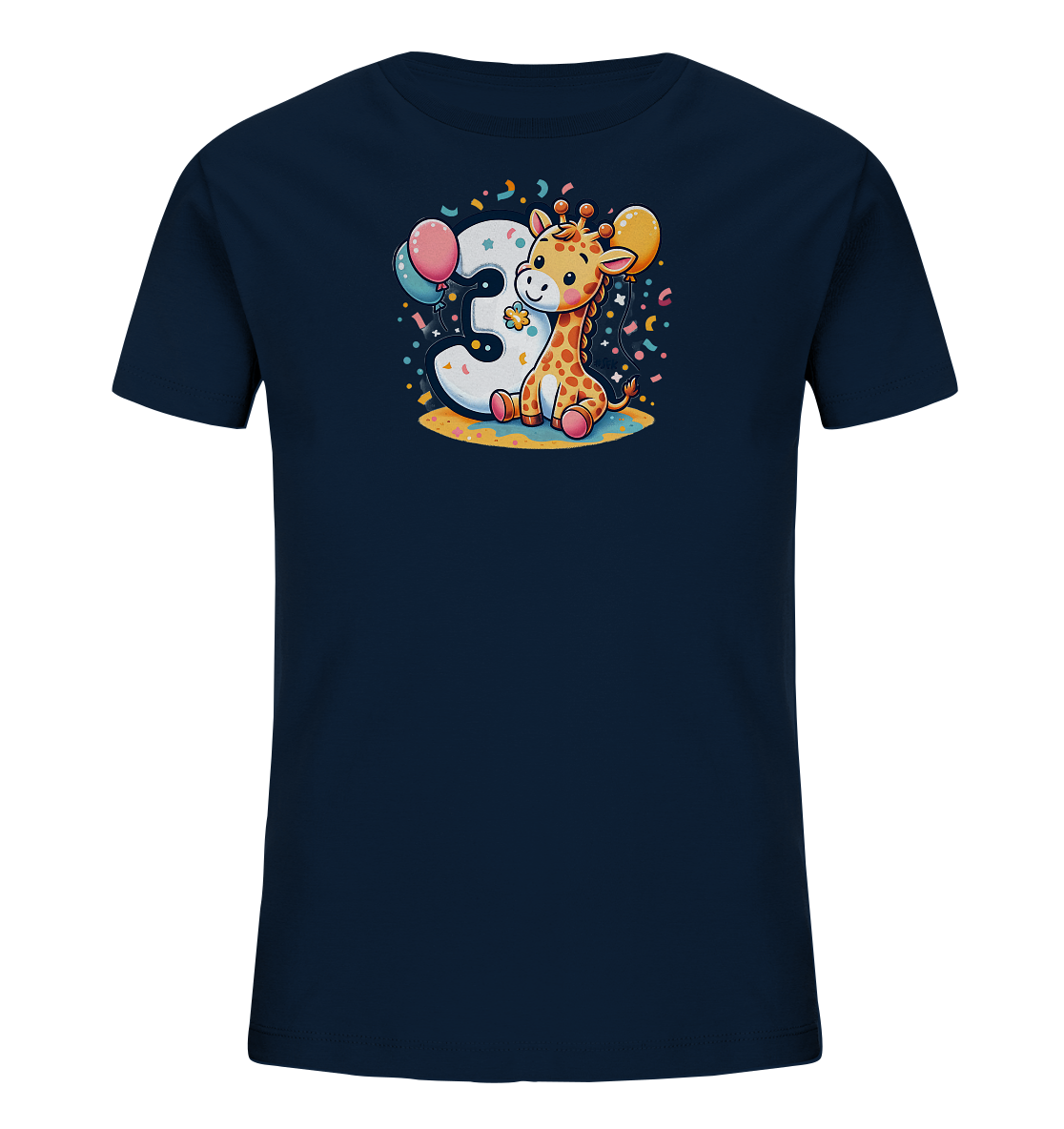 Onlineshop Shirts fuer Kinder - Das Bild zeigt ein dunkelblaues Kinder-T-Shirt mit einem froehlichen Motiv auf der Vorderseite. Eine niedliche Cartoon-Giraffe sitzt neben einer grossen, weissen Zahl '3', begleitet von Ballons und Konfetti. Das Design ist bunt und verspielt, ideal fuer einen dritten Geburtstag oder als froehliches Kleidungsstueck. Die Grafik erzeugt eine festliche und kinderfreundliche Atmosphaere.
