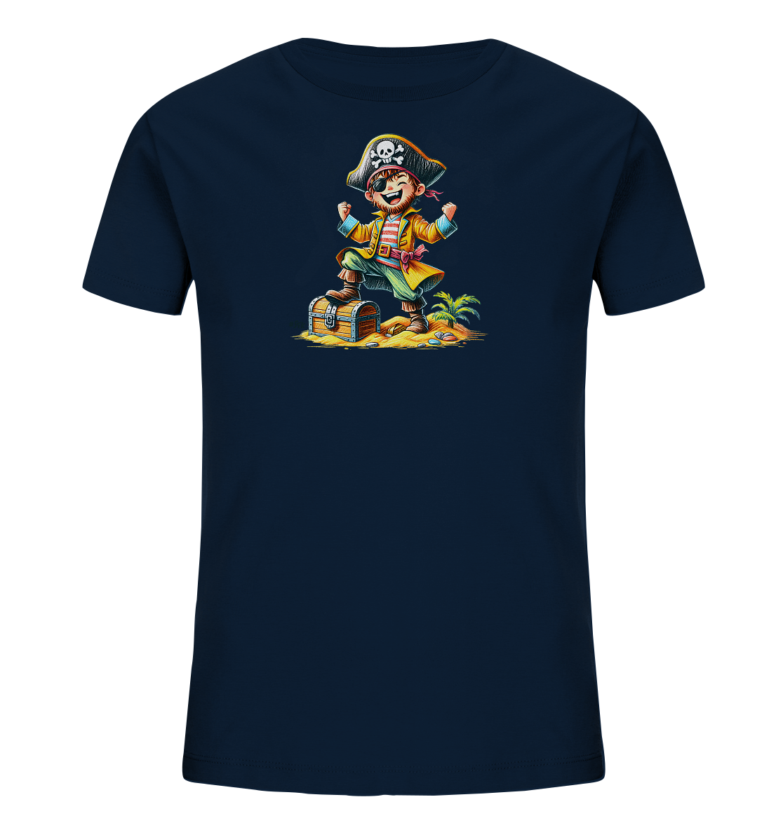Onlineshop Shirts fuer Kinder - Dieses marineblaue T-Shirt fuer Kinder zeigt eine farbenfrohe Illustration eines kleinen Piraten. Der froehliche Pirat steht jubelnd auf einer geoeffneten Schatzkiste am Strand, umgeben von Sand und einer Palme. Er traegt ein typisches Piratenoutfit mit Hut, Augenklappe und gelbem Mantel. Das detailreiche Motiv faengt eine spannende Szene der Schatzsuche ein.