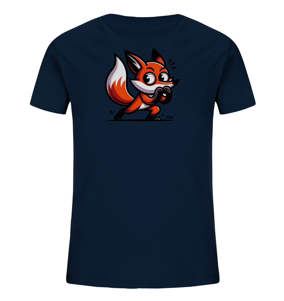 Onlineshop Shirts fuer Kinder - Dieses dunkelblaue Kinder-T-Shirt zeigt eine lustige Cartoon-Illustration eines orangefarbenen Fuchses. Der Fuchs hat grosse Augen und haelt seine Pfoten vor dem Mund, mit einem Ausdruck der Überraschung oder Aufregung. Er scheint in Bewegung zu sein, dargestellt durch Striche um den Kopf. Das Design ist verspielt und ansprechend fuer Kinder.