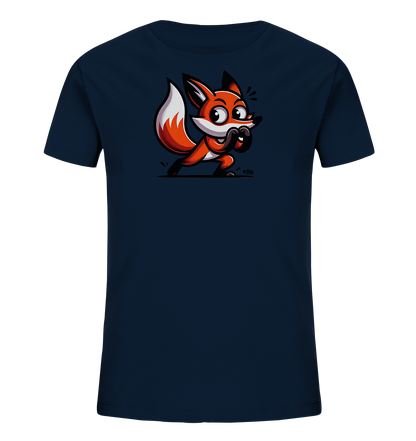 Onlineshop Shirts fuer Kinder - Dieses dunkelblaue Kinder-T-Shirt zeigt eine lustige Cartoon-Illustration eines orangefarbenen Fuchses. Der Fuchs hat grosse Augen und haelt seine Pfoten vor dem Mund, mit einem Ausdruck der Überraschung oder Aufregung. Er scheint in Bewegung zu sein, dargestellt durch Striche um den Kopf. Das Design ist verspielt und ansprechend fuer Kinder.