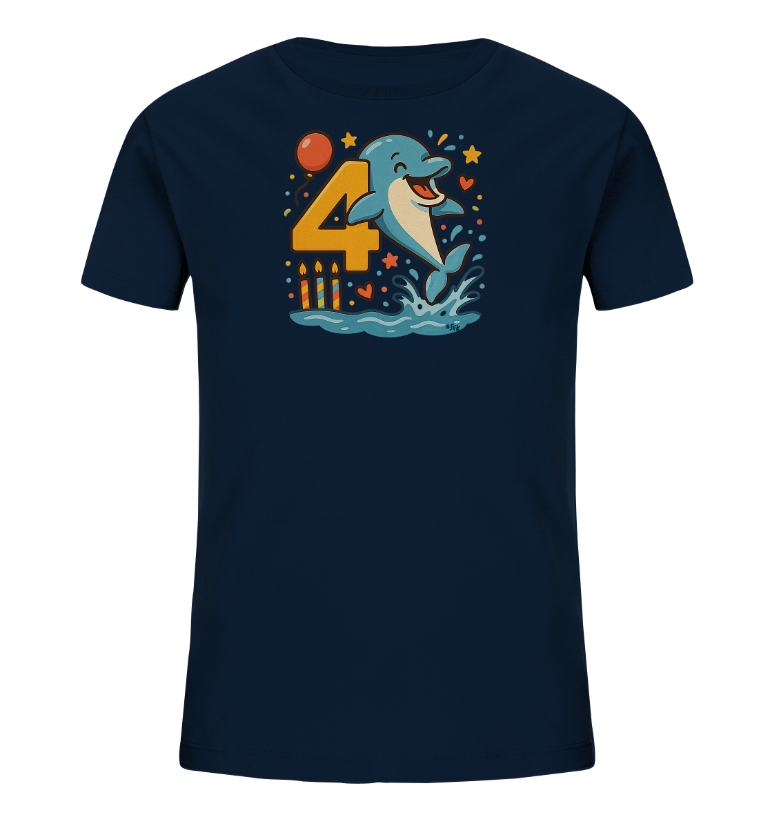 Onlineshop Shirts fuer Kinder - Dieses dunkelblaue Kinder-T-Shirt praesentiert eine lebendige Grafik eines lachenden Delphins, der aus dem Wasser springt. Die Illustration zeigt daneben die grosse Zahl '4' in orange sowie festliche Details wie Sterne, Herzen, einen Ballon und Kerzen. Das Design wirkt froehlich und detailreich, ideal fuer besondere Anlaesse. Es ist eine bunte und ansprechende Gestaltung fuer Kinder.