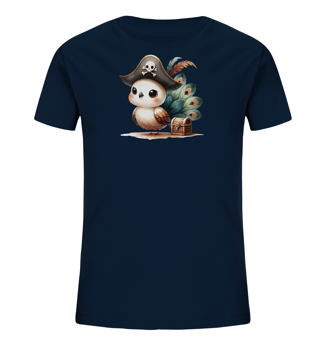 Onlineshop Shirts fuer Kinder - Dieses dunkelblaue Kinder-T-Shirt zeigt eine niedliche, cartoonhafte Illustration eines Vogels im Piratenlook. Der Vogel traegt einen Piratenhut mit Totenkopf und sitzt neben einer kleinen Schatzkiste. Gruene Federn schmuecken den Hintergrund des Motivs. Das Design ist verspielt und detailreich.