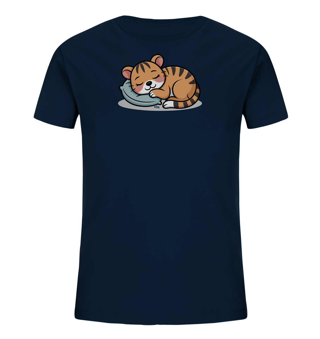 Onlineshop Shirts fuer Kinder - Das Bild zeigt ein dunkelblaues Kinder-T-Shirt. Auf der Vorderseite ist ein niedliches, schlafendes Tiger- oder Katzenjunges abgebildet. Es liegt gemuetlich auf einem hellblauen Kissen, die Augen sind geschlossen und es hat ein zufriedenes Laecheln. Das Design wirkt ruhig und liebenswert, ideal fuer Kinder.