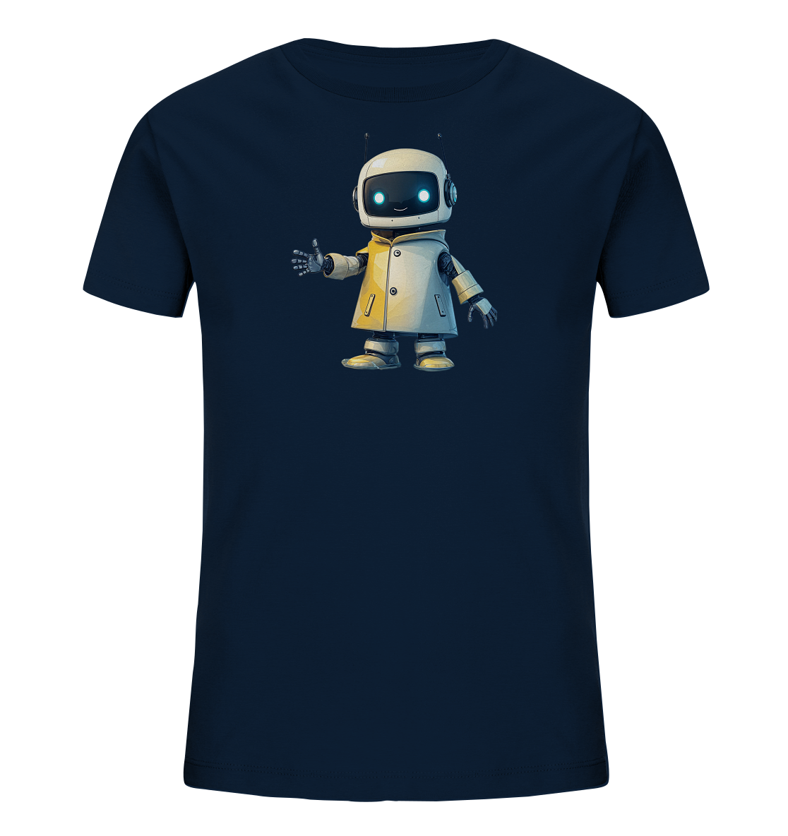 Onlineshop Shirts für Kinder - Das Bild zeigt ein dunkelblaues Kinder-T-Shirt mit einer zentralen Illustration. Dargestellt ist ein freundlich lächelnder Roboter in einem cartoonhaften Stil. Der Roboter trägt einen hellen Mantel oder eine Weste und zeigt einen Daumen nach oben. Seine Augen leuchten blau, und er trägt Kopfhörer, was dem Design einen technologischen und gleichzeitig zugänglichen Look verleiht.