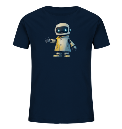 Onlineshop Shirts für Kinder - Das Bild zeigt ein dunkelblaues Kinder-T-Shirt mit einer zentralen Illustration. Dargestellt ist ein freundlich lächelnder Roboter in einem cartoonhaften Stil. Der Roboter trägt einen hellen Mantel oder eine Weste und zeigt einen Daumen nach oben. Seine Augen leuchten blau, und er trägt Kopfhörer, was dem Design einen technologischen und gleichzeitig zugänglichen Look verleiht.