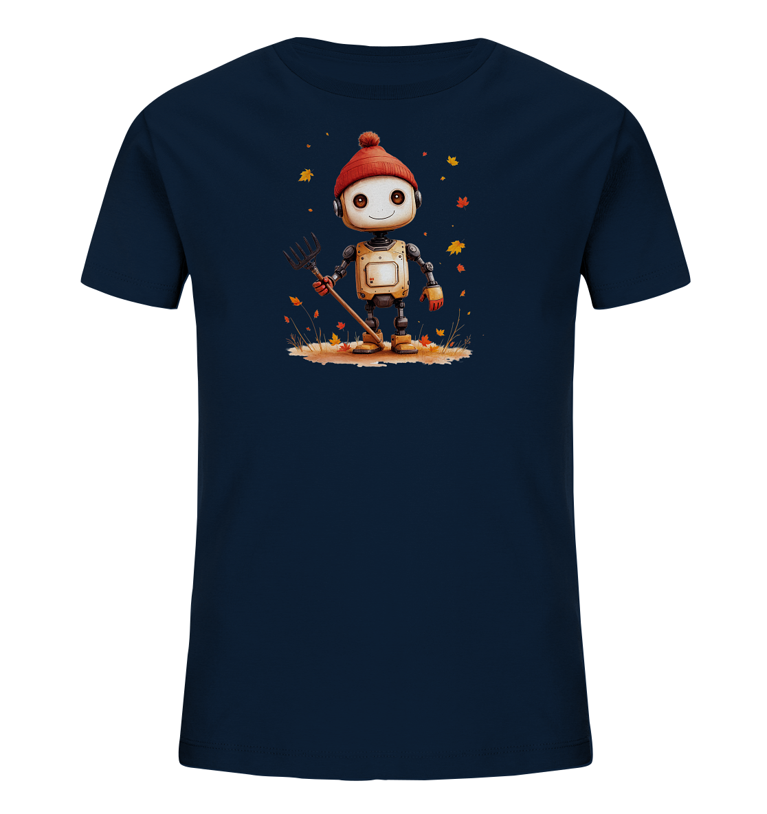 Onlineshop Shirts für Kinder - Das Bild zeigt ein dunkelblaues T-Shirt mit einer Illustration eines freundlichen Roboters auf der Vorderseite. Der Roboter trägt eine rote Pudelmütze und steht in einer herbstlichen Umgebung mit herabfallenden Blättern. Er hält eine kleine Heugabel oder einen Rechen in der Hand. Die Grafik ist in einem kindgerechten, cartoonhaften Stil gehalten und zeigt den Roboter mit großen Augen und einem Lächeln.