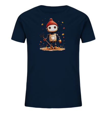 Onlineshop Shirts für Kinder - Das Bild zeigt ein dunkelblaues T-Shirt mit einer Illustration eines freundlichen Roboters auf der Vorderseite. Der Roboter trägt eine rote Pudelmütze und steht in einer herbstlichen Umgebung mit herabfallenden Blättern. Er hält eine kleine Heugabel oder einen Rechen in der Hand. Die Grafik ist in einem kindgerechten, cartoonhaften Stil gehalten und zeigt den Roboter mit großen Augen und einem Lächeln.