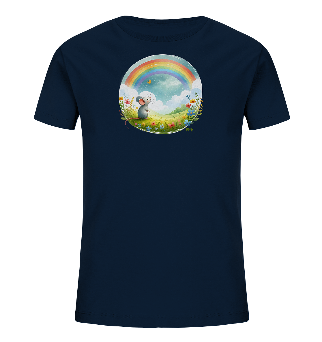 Onlineshop Shirts fuer Kinder - Dieses dunkelblaue T-Shirt praesentiert ein rundes Motiv mit einer niedlichen Maus in einem Blumenfeld. Über der Szene erstreckt sich ein farbenfroher Regenbogen am Himmel mit Wolken und leichtem Regen. Ein gelber Schmetterling fliegt neben der Maus. Das detailreiche Design ist von einem Kreis aus Blumen umrahmt und verleiht dem Shirt einen vertraeumten Charakter.