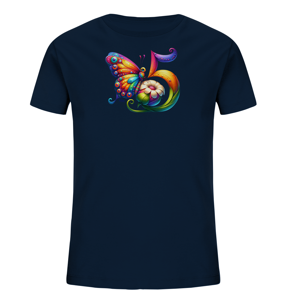 Onlineshop Shirts fuer Kinder - Das Bild zeigt ein dunkelblaues Kinder-T-Shirt mit einem farbenfrohen und kuenstlerischen Motiv. Im Zentrum des Designs steht eine stilisierte Zahl 5, die von einem detaillierten, bunten Schmetterling und einer Blume umrahmt wird. Die leuchtenden Farben des Schmetterlings und der floralen Elemente kontrastieren schoen mit dem dunklen Stoff. Dieses verspielte Motiv ist ideal fuer Kinder.