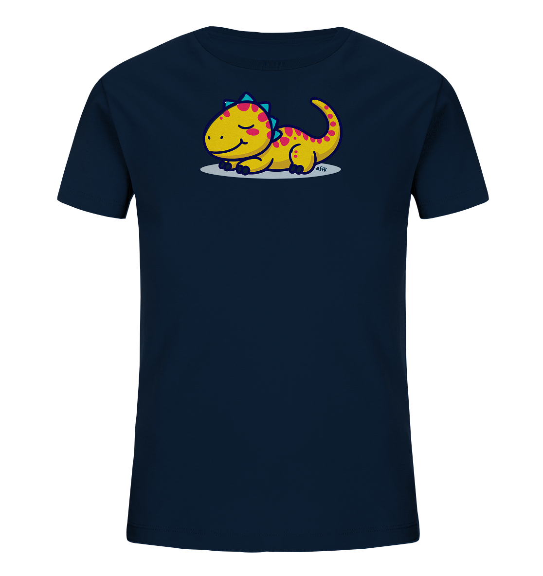 Onlineshop Shirts fuer Kinder - Das Bild zeigt ein dunkelblaues T-Shirt mit einem niedlichen gelben Dinosaurier-Motiv auf der Vorderseite. Der Cartoon-Dinosaurier liegt entspannt da, hat pinke Punkte und blaue Zacken auf dem Ruecken sowie einen zufriedenen Gesichtsausdruck mit geschlossenen Augen. Er ruht auf einer hellgrauen ovalen Flaeche. Das Design wirkt verspielt und kinderfreundlich.